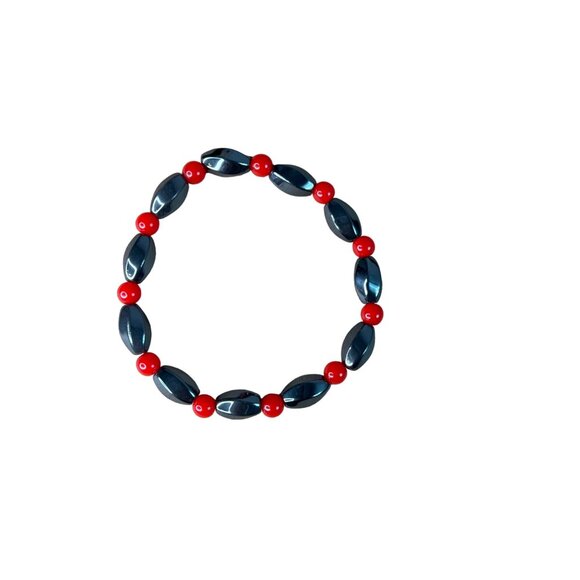 Hematite & Red Bead Stretch Bracelet - 7 Inch - Picture 1 of 4